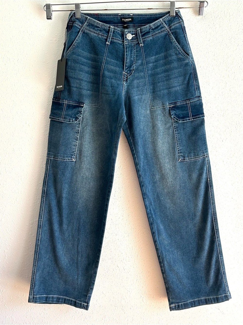 NWT True Religion Cargo SN Straight Jeans Women's Size 28x31 Blue Denim